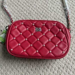 Badgley Mischka Red Diamond Quilted Crossbody Bag with Pearls Vegan Leather NWT